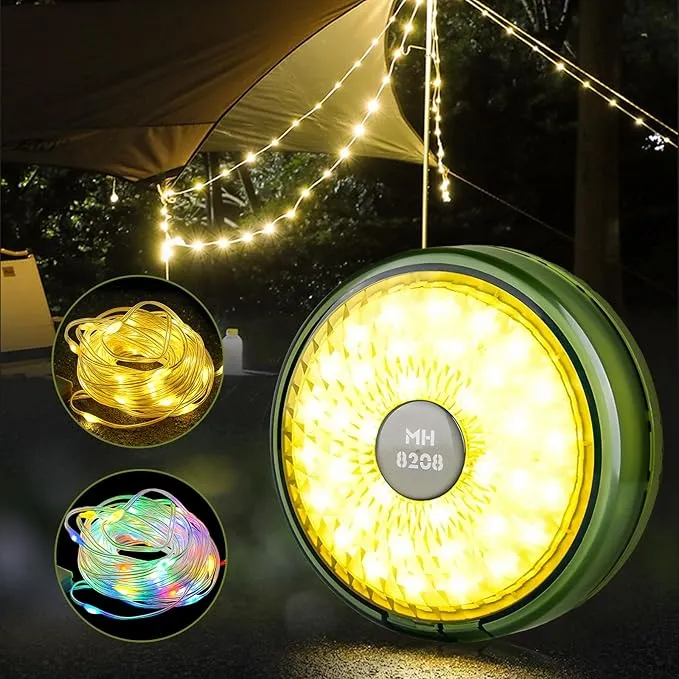 2 in 1 Camping String Lights RGB & Warm String Lights 8 Lighting Modes Camping Lantern Rechargeable String Lights Portable Camping Lights Flashlight for Camping/Emergency/Outdoor/Indoor