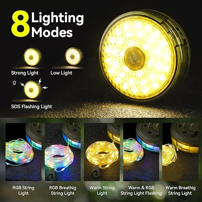 2 in 1 Camping String Lights RGB & Warm String Lights 8 Lighting Modes Camping Lantern Rechargeable String Lights Portable Camping Lights Flashlight for Camping/Emergency/Outdoor/Indoor