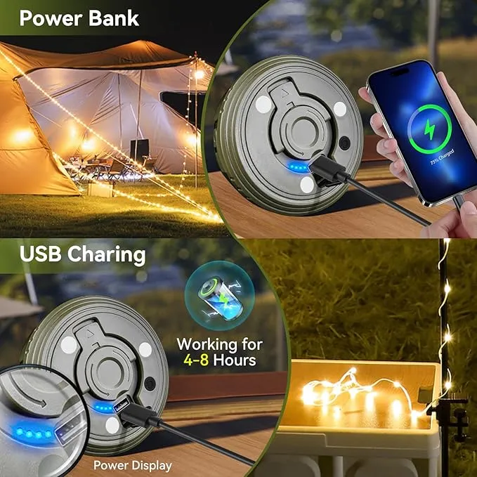 2 in 1 Camping String Lights RGB & Warm String Lights 8 Lighting Modes Camping Lantern Rechargeable String Lights Portable Camping Lights Flashlight for Camping/Emergency/Outdoor/Indoor