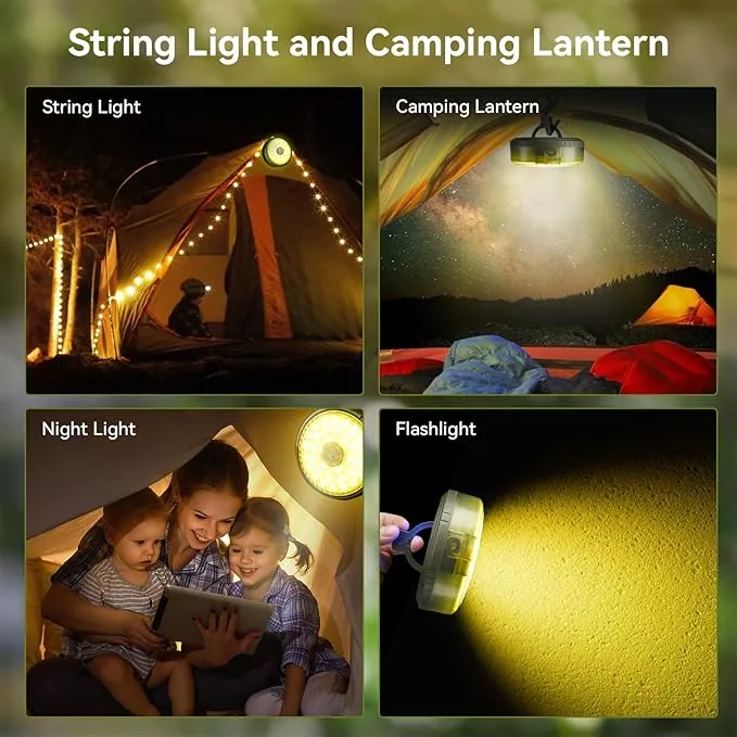 2 in 1 Camping String Lights RGB & Warm String Lights 8 Lighting Modes Camping Lantern Rechargeable String Lights Portable Camping Lights Flashlight for Camping/Emergency/Outdoor/Indoor