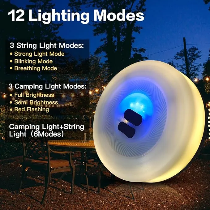 2 in 1 Camping String Lights Warm String Lights with 12 Lighting Modes 30s Quick Roll Up Portable String Lights USB Rechargeable Camping Lantern for Tent, Camping, Party Decor