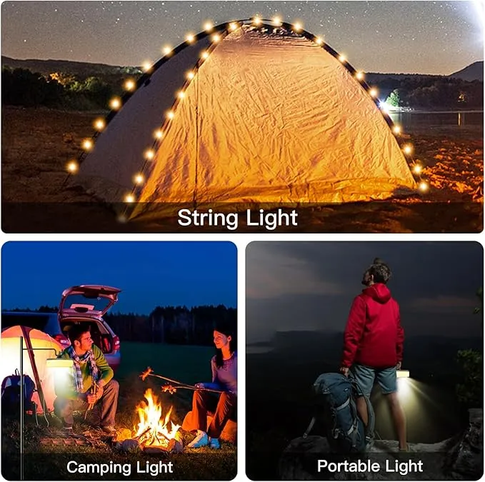 2 in 1 Camping String Lights Warm String Lights with 12 Lighting Modes 30s Quick Roll Up Portable String Lights USB Rechargeable Camping Lantern for Tent, Camping, Party Decor