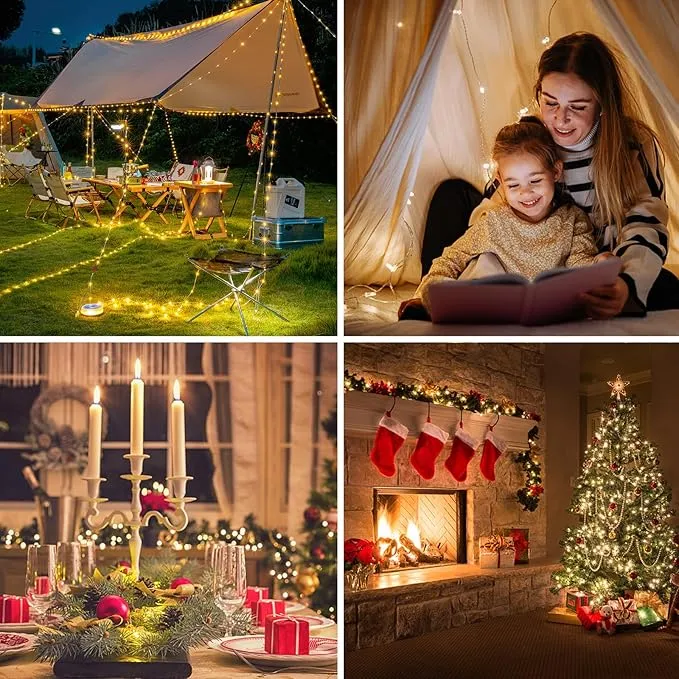 2 in 1 Camping String Lights Warm String Lights with 12 Lighting Modes 30s Quick Roll Up Portable String Lights USB Rechargeable Camping Lantern for Tent, Camping, Party Decor