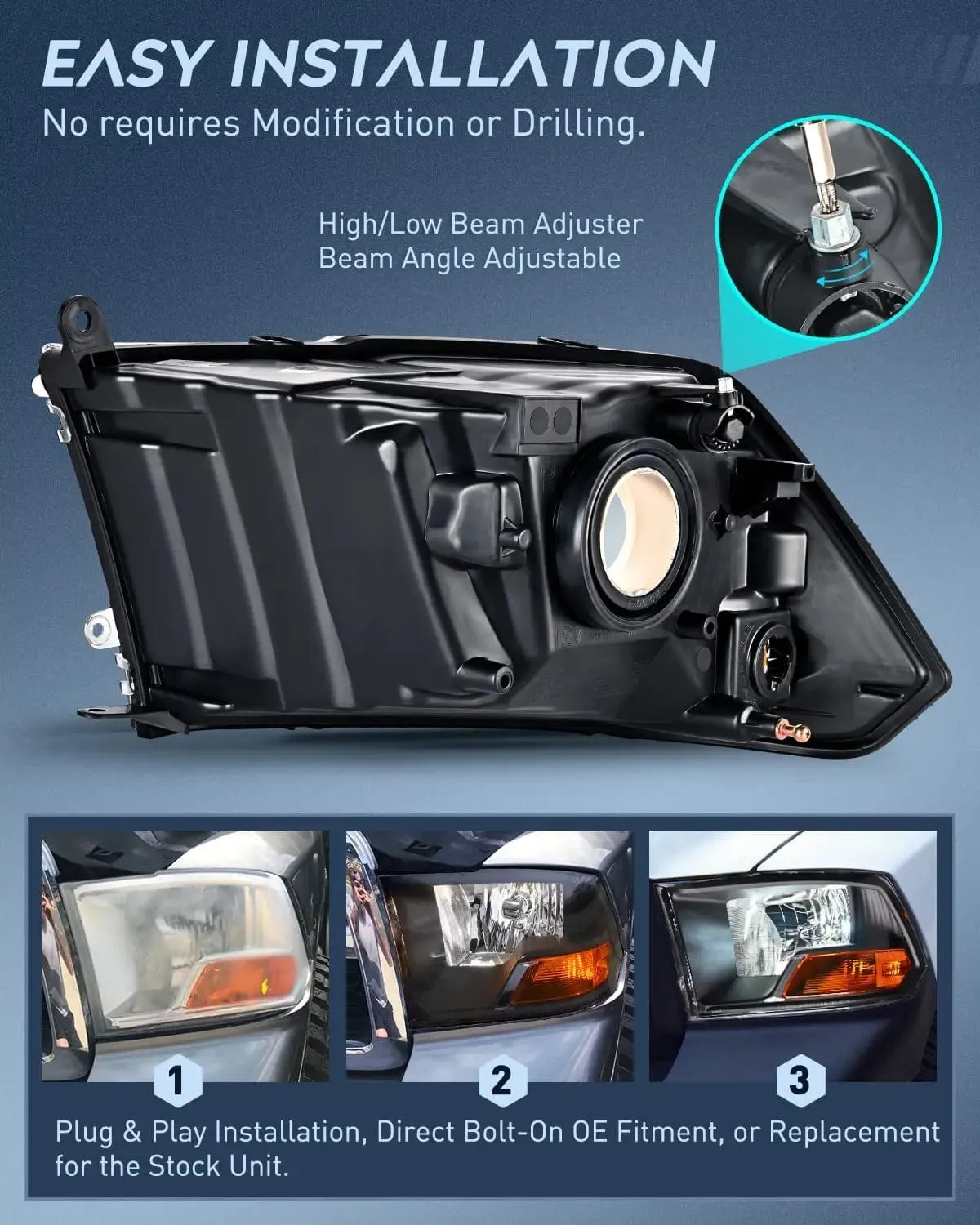 2009-2012 Dodge Ram 1500 2500 3500 Headlights Assembly Dual Beam Black Case