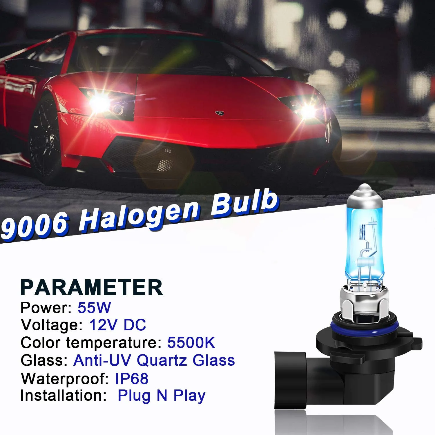 2PCS HB4 9006 55W Halogen Bulbs 5000K Warm White Headlights