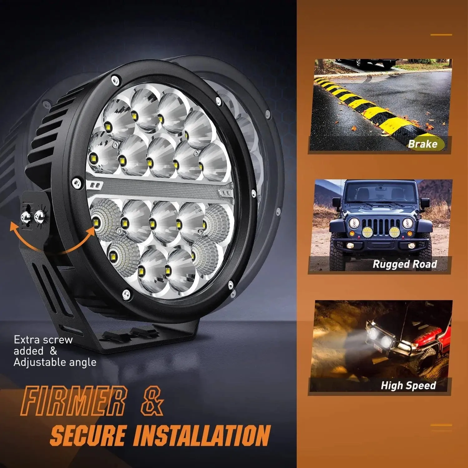 7 Inch 90W 9850LM Round Spot Flood Built-in EMC DRL LED Work Lights (Pair) | 12AWG DT Wire