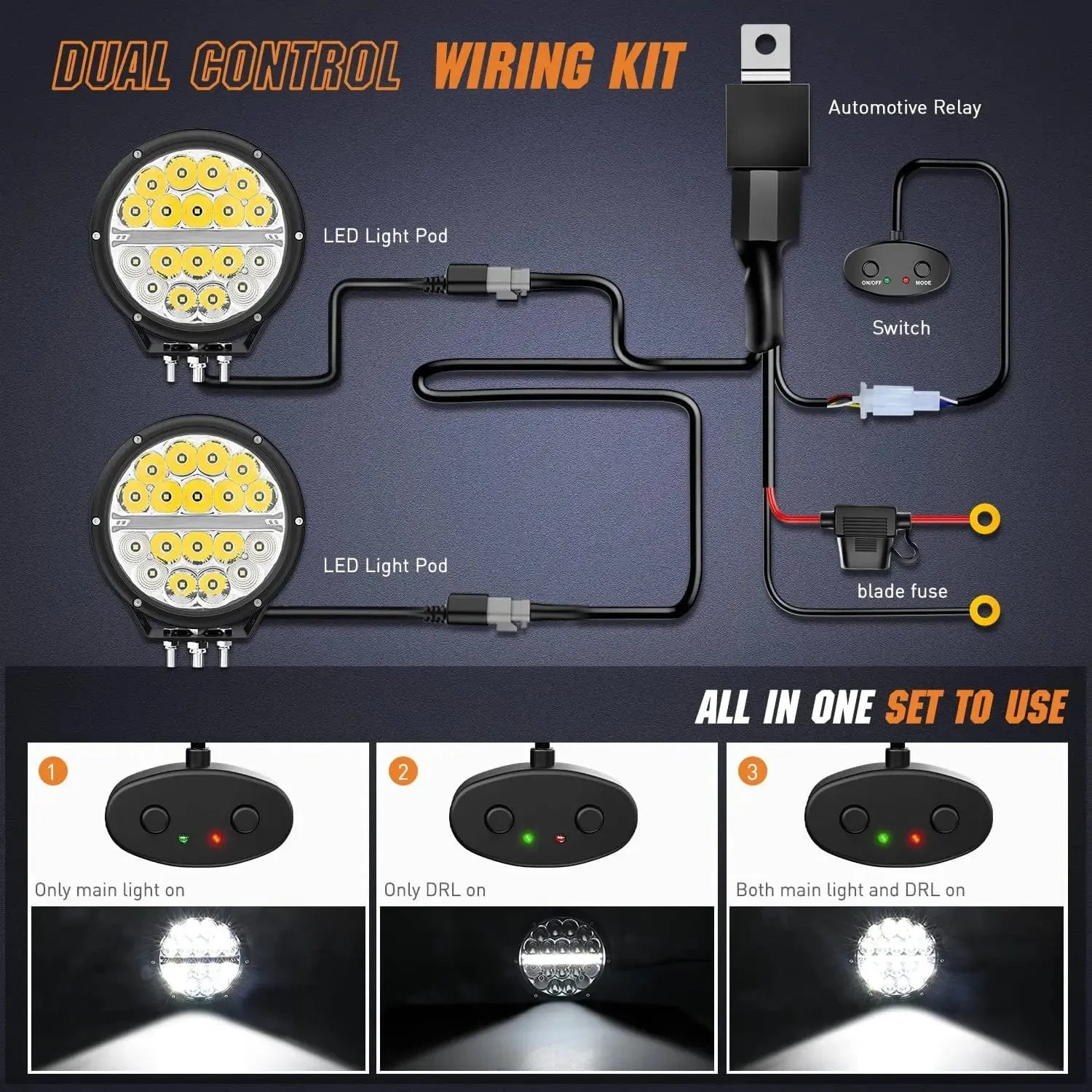 7 Inch 90W 9850LM Round Spot Flood Built-in EMC DRL LED Work Lights (Pair) | 12AWG DT Wire