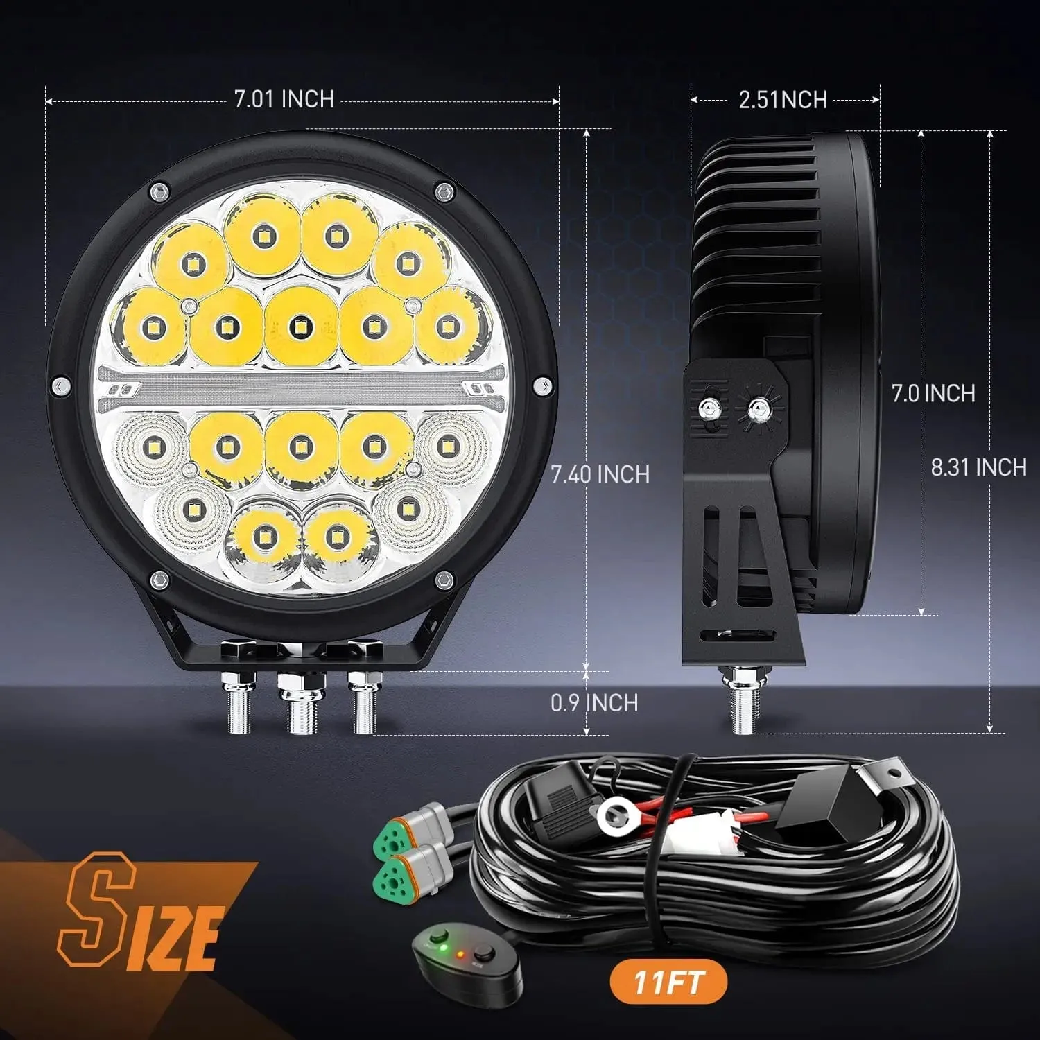 7 Inch 90W 9850LM Round Spot Flood Built-in EMC DRL LED Work Lights (Pair) | 12AWG DT Wire