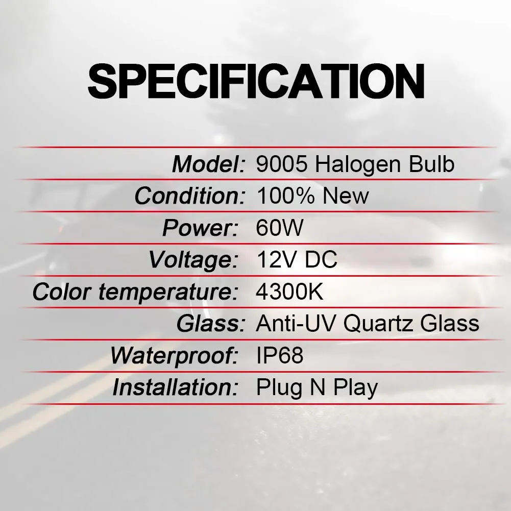 9005 HB3 Halogen Headlight Bulbs 12V 60W 4300K Warm Lighting