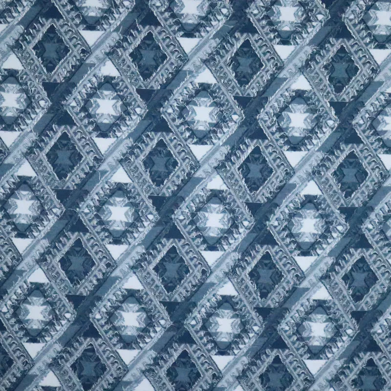 Blue Diamond Patterned Terry Rayon Clip Jacquard