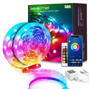DAYBETTER 50ft Bluetooth LED Strip Lights,Color Changing Music Sync with Remote Control,Timer Schedule,Led Lights for Room,Bedroom(APP Remote  Mic)