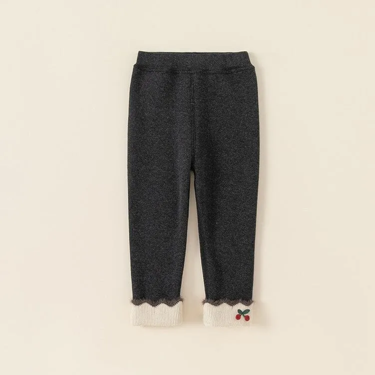 Embroidered Cherry Rolled Hem Winter Fleece Leggings
