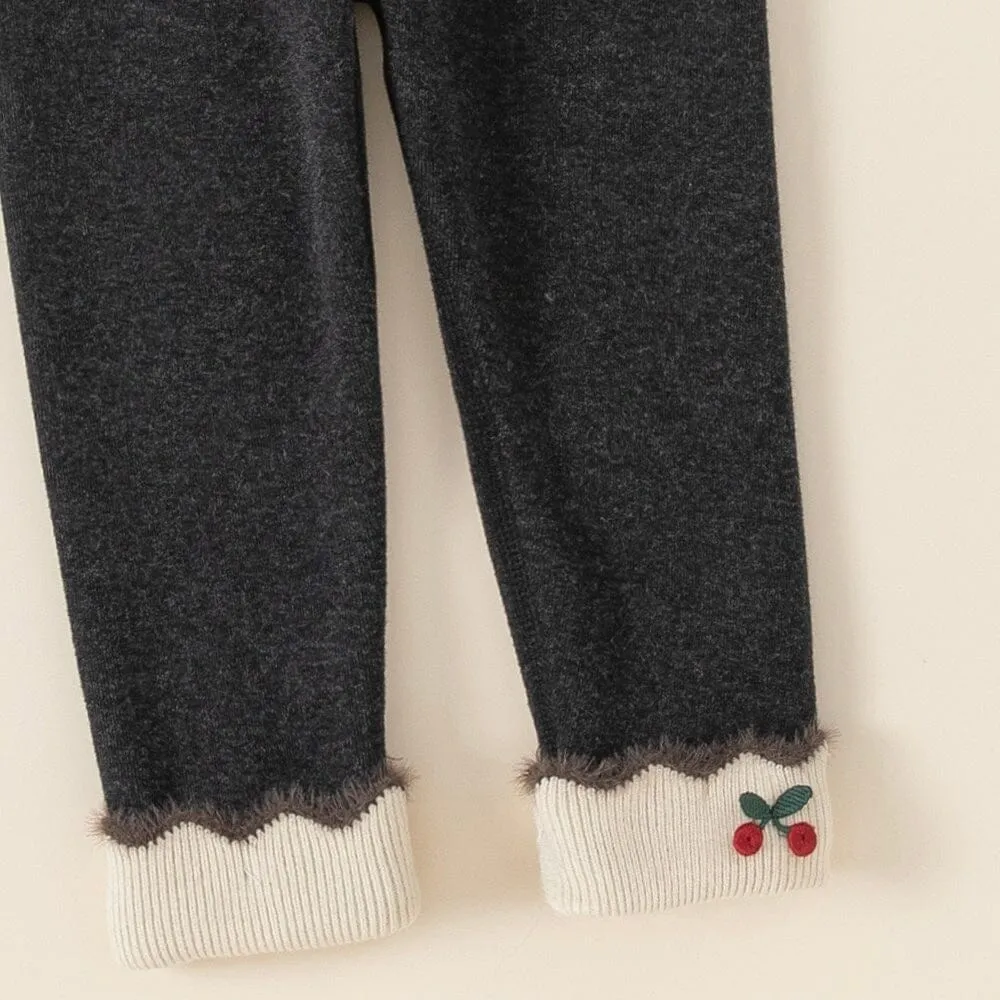 Embroidered Cherry Rolled Hem Winter Fleece Leggings