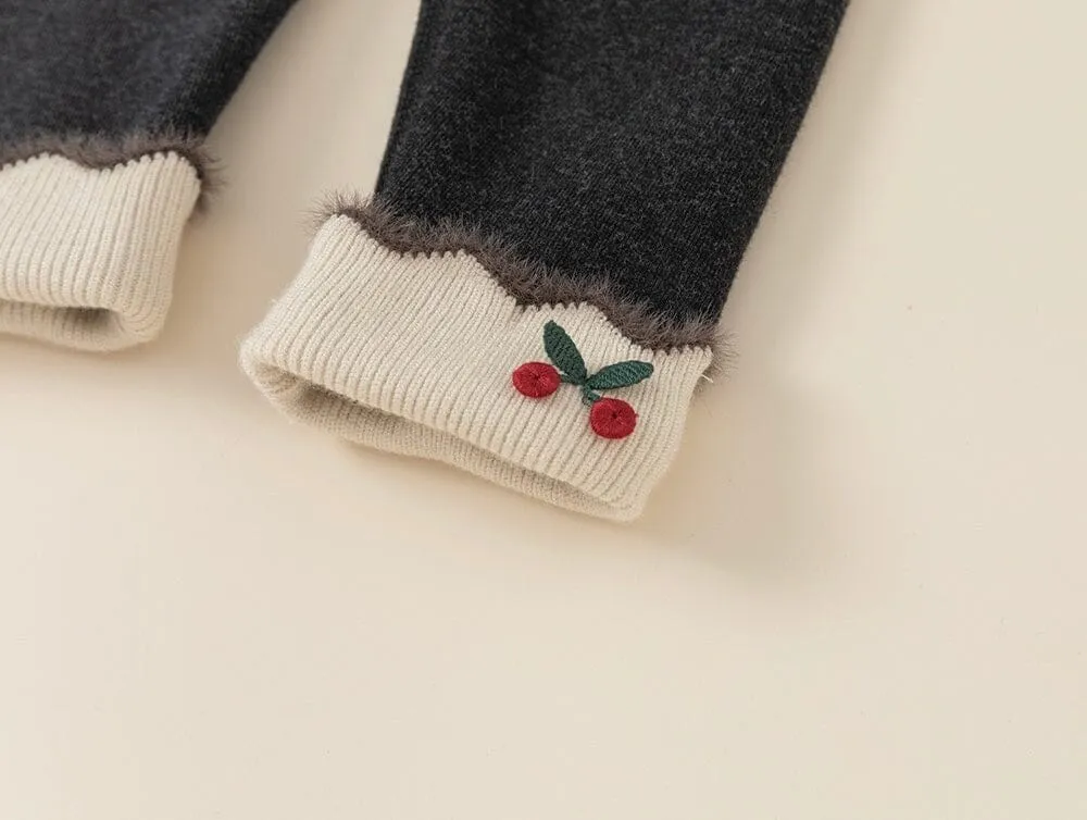 Embroidered Cherry Rolled Hem Winter Fleece Leggings