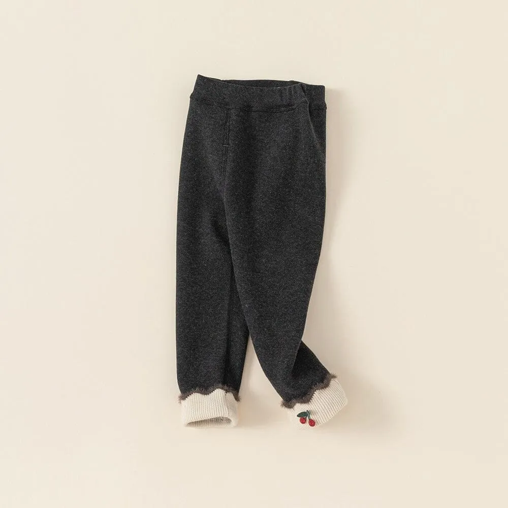 Embroidered Cherry Rolled Hem Winter Fleece Leggings