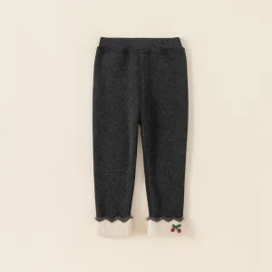 Embroidered Cherry Rolled Hem Winter Fleece Leggings