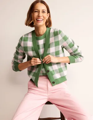 Gingham Cardigan-Green Tambourine, Orchid Pink