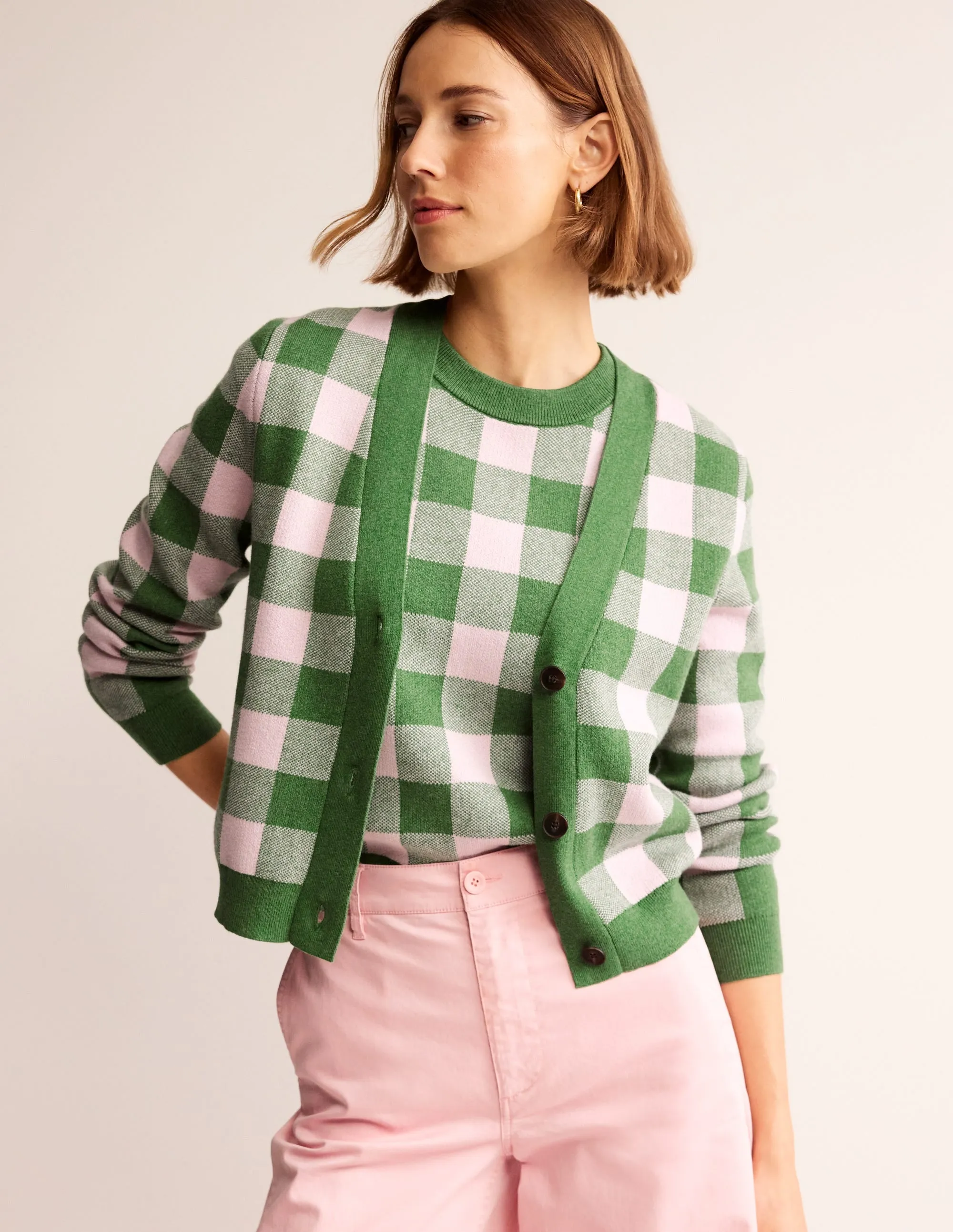 Gingham Cardigan-Green Tambourine, Orchid Pink