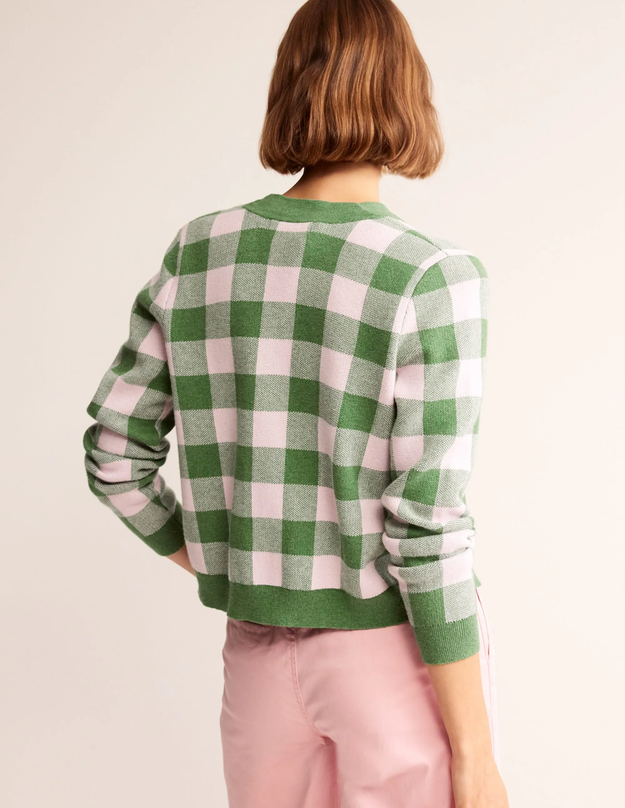 Gingham Cardigan-Green Tambourine, Orchid Pink
