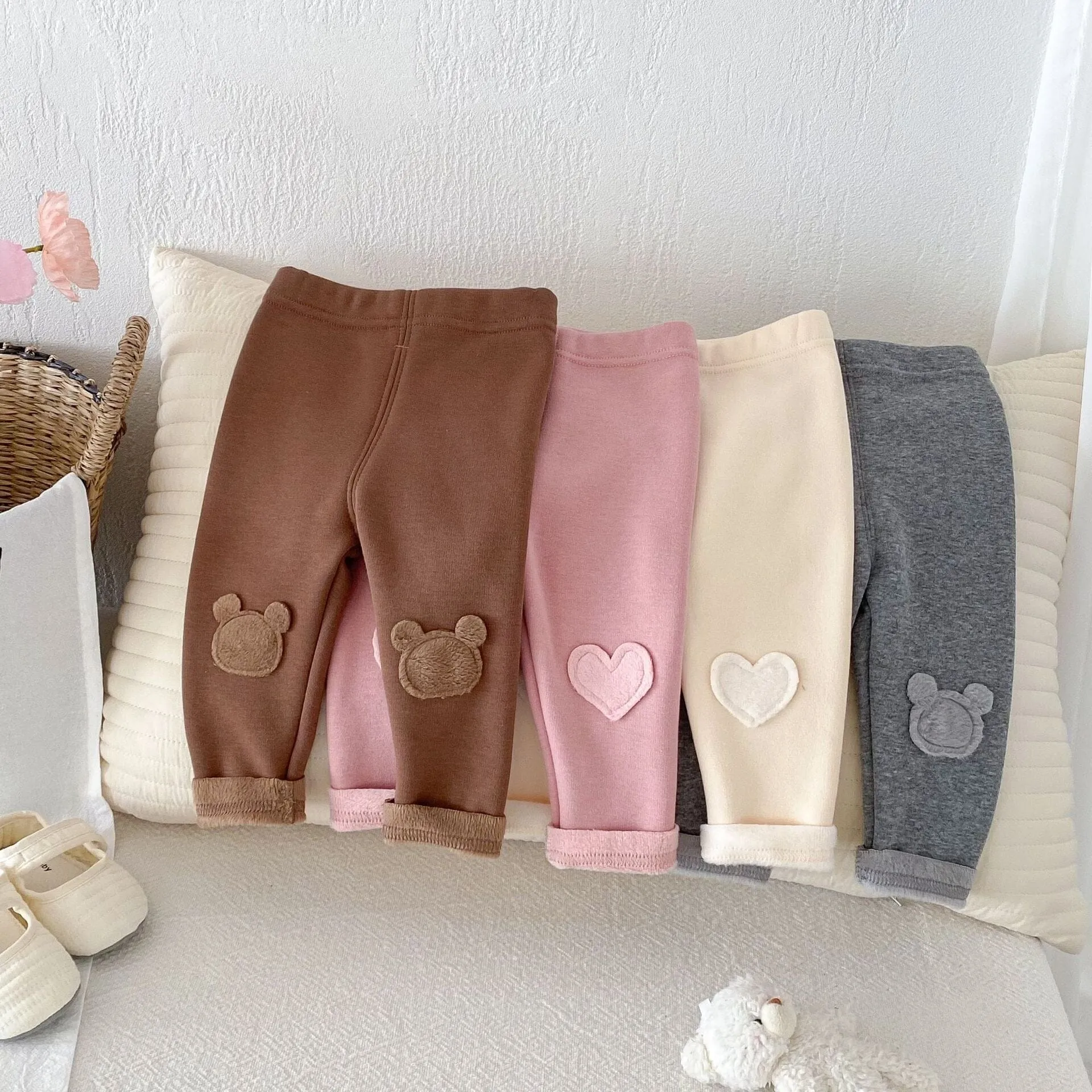 Heart & Bear Patch Winter Plush Leggings