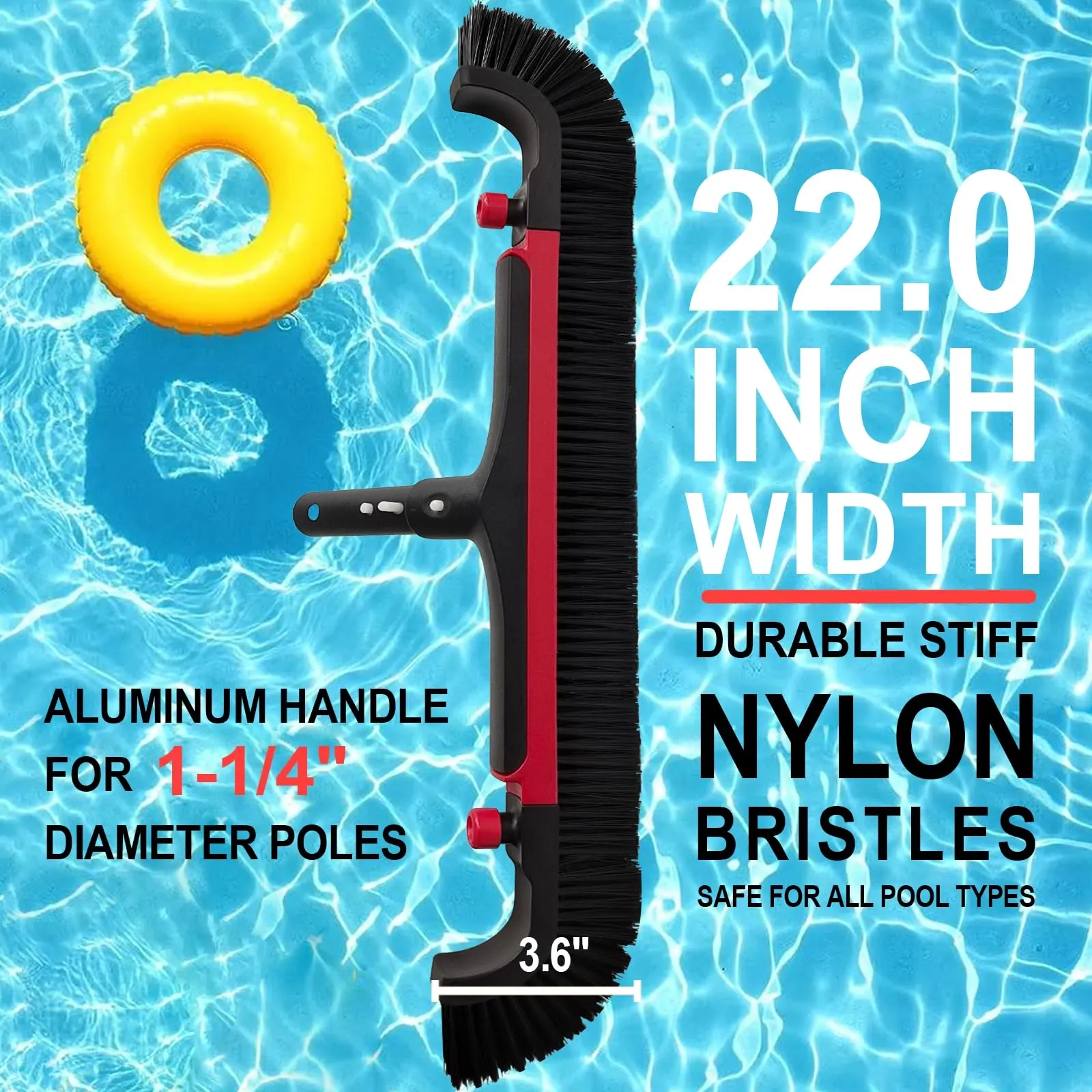 Poolvio 22" Extra-Wide Pool Brush Head, Heavy-Duty Pool Scrubber Brush with Detachable Corner Brush & Strong Nylon Bristles for Walls & Floors in Above-Ground and Inground Pools (Red)