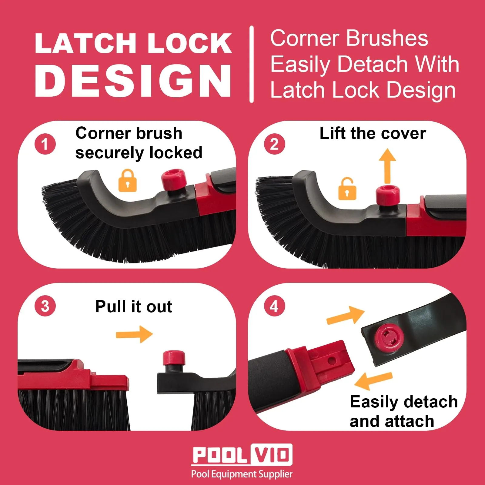 Poolvio 22" Extra-Wide Pool Brush Head, Heavy-Duty Pool Scrubber Brush with Detachable Corner Brush & Strong Nylon Bristles for Walls & Floors in Above-Ground and Inground Pools (Red)