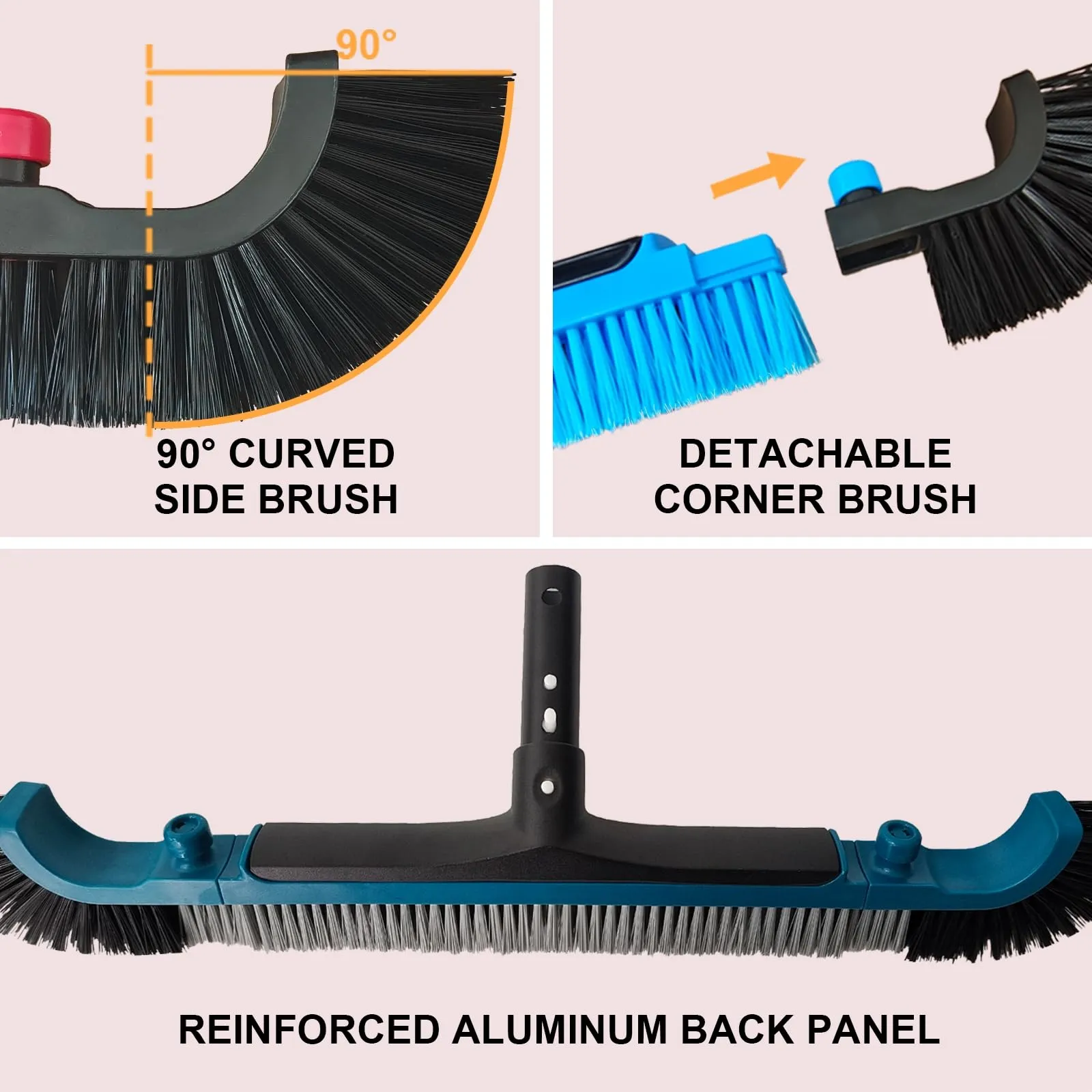 Poolvio 22" Extra-Wide Pool Brush Head, Heavy-Duty Pool Scrubber Brush with Detachable Corner Brush & Strong Nylon Bristles for Walls & Floors in Above-Ground and Inground Pools (Red)