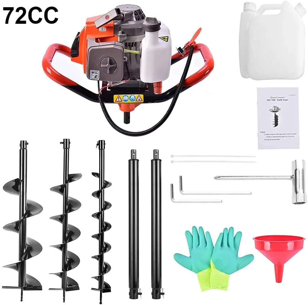 PRIJESSE 72cc Post Hole Digger 2-Stroke Petrol Gas Powered Earth Digger with 2 Extension Rods   3 Auger Drill Bits (4" 8" & 12") for Farm Garden Plant