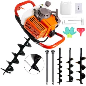 PRIJESSE 72cc Post Hole Digger 2-Stroke Petrol Gas Powered Earth Digger with 2 Extension Rods   3 Auger Drill Bits (4" 8" & 12") for Farm Garden Plant